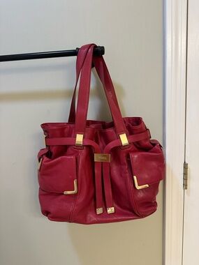 MICHAEL Michael Kors Cherry Red Shoulder Tote with Gold Hardware